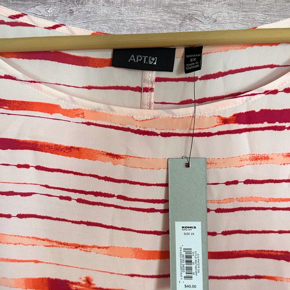 APT 9 NEW Cold Shoulder Faux Tie Top Womens Plus 2X Pink Striped Tunic Blouse - Picture 5 of 5